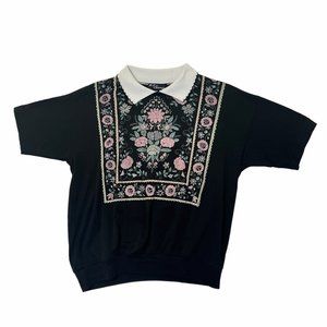 Vintage Hipster Womens Collared Top Floral Print 90s KT Sports